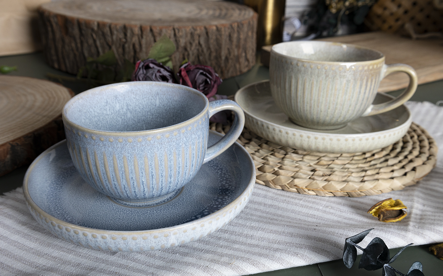 CHANGSHA HAPPY GO  Vintage Matte Embossed Striped Stoneware Tea Set with Storage Basket for Stylish Serving  |happygodinnerware.com