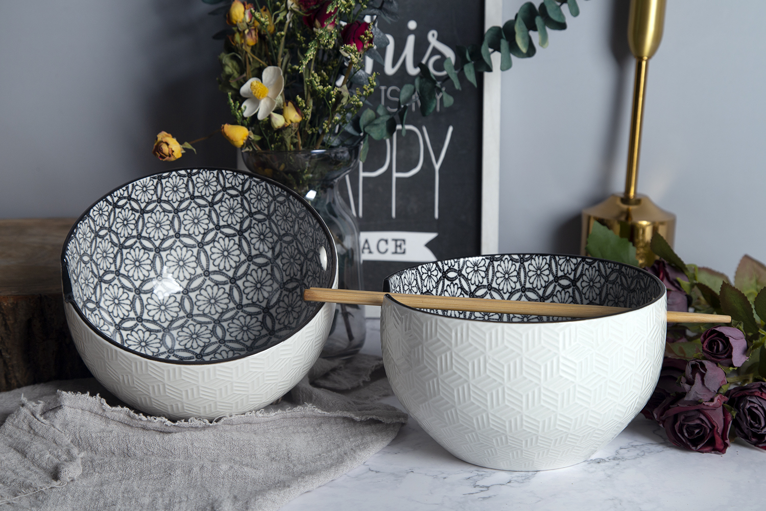 CHANGSHA HAPPY GO Geo-Embossed Porcelain Noodle Bowl Set | Dual-Pattern Interior | happygodinnerware.com