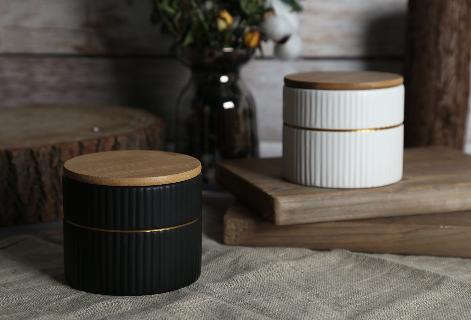 CHANGSHA HAPPY GO Ribbed Storage Jar with Gold Trim and Bamboo Lid in White Cloud Clay | happygodinnerware.com