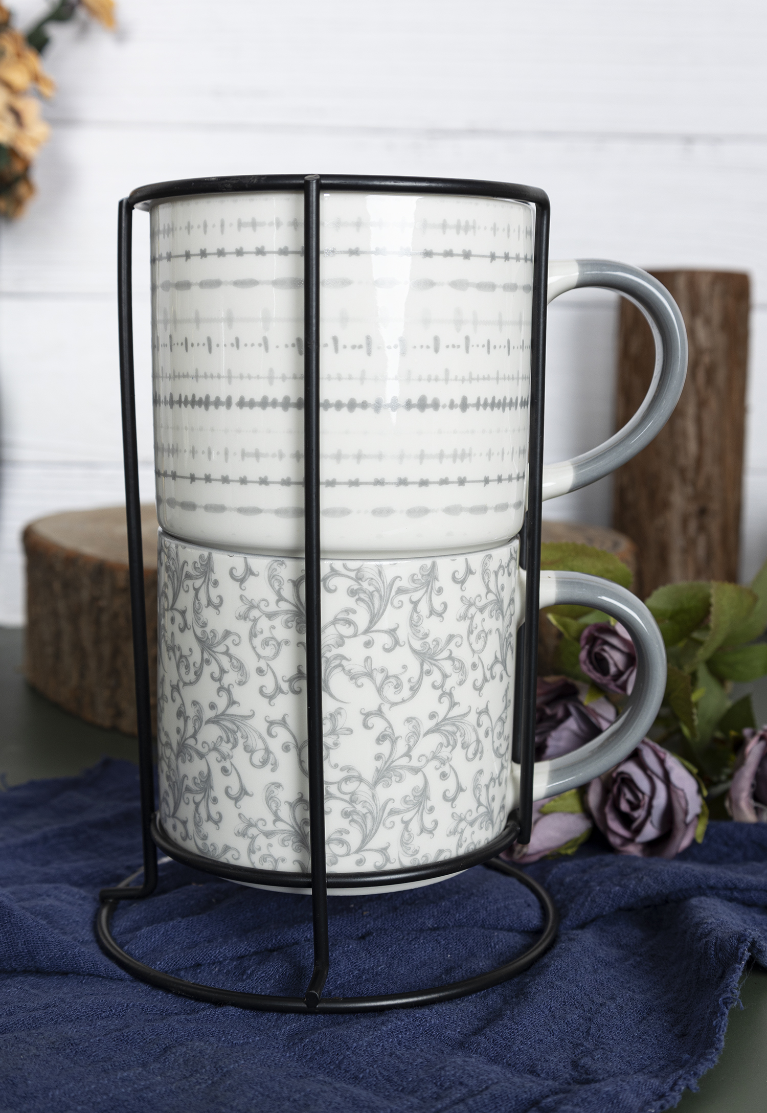 CHANGSHA HAPPY GO  Elegant Gray New Bone China Mug Set with Floral and Minimalist Geometric Decal Patterns  |happygodinnerware.com
