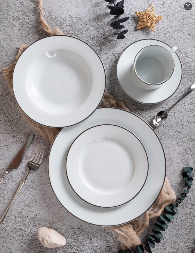 CHANGSHA HAPPY GO  Refined White Porcelain Plates and Bowls with Contoured Edge and Platinum Trim |happygodinnerware.com