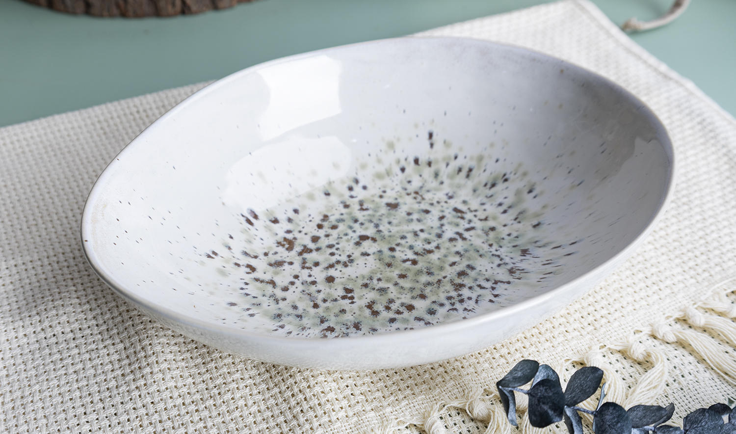 CHANGSHA HAPPY GO  Soft Reactive Glaze Stoneware Table Set in Creamy Ivory with Subtle Forest Tinting and Rustic Refinement |happygodinnerware.com