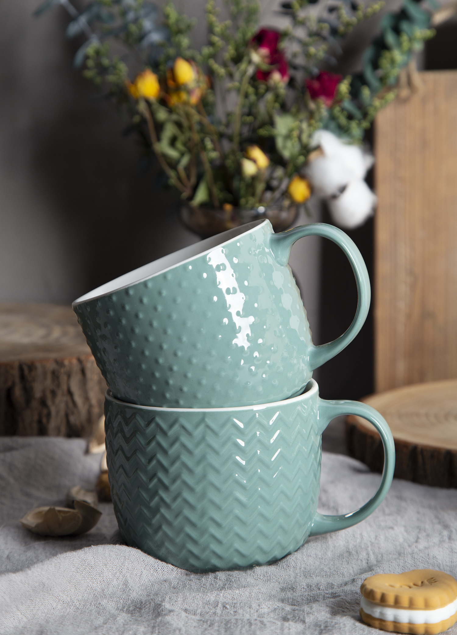 CHANGSHA HAPPY GO Celadon Embossed Bone China Mugs – Glossy Color Glaze with Geometric Relief Texture |happygodinnerware.com