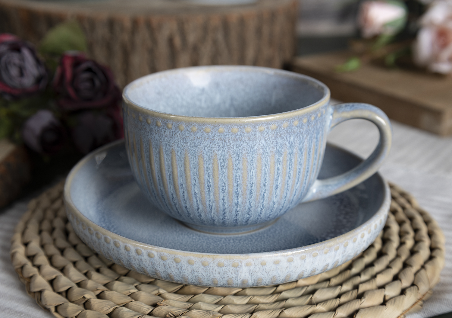 CHANGSHA HAPPY GO  Vintage Matte Embossed Striped Stoneware Mug and Tea Cup Set with Minimalist Design  |happygodinnerware.com