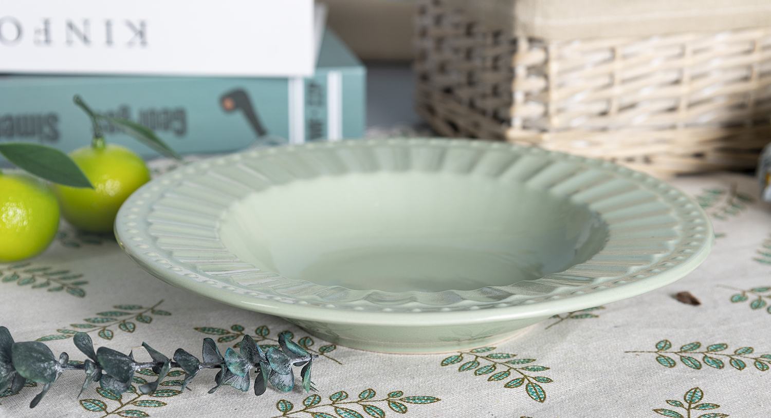 CHANGSHA HAPPY GO  Light Green Embossed Stoneware British Afternoon Tea and Dinnerware Set with Soft Tones  |happygodinnerware.com