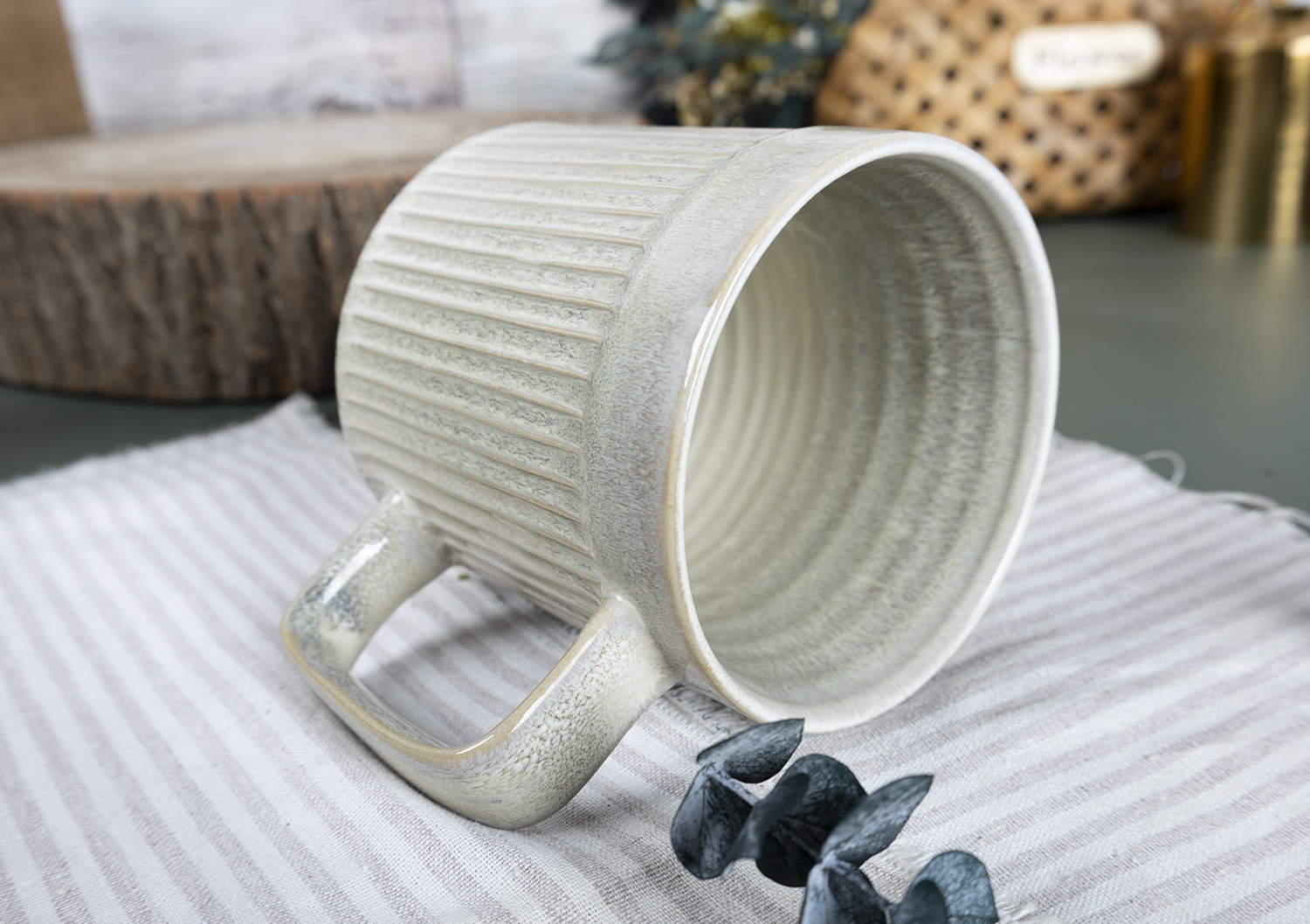 CHANGSHA HAPPY GO Vintage Matte Embossed Striped Stoneware Mug Set with Handcrafted Texture for Coffee and Tea  |happygodinnerware.com