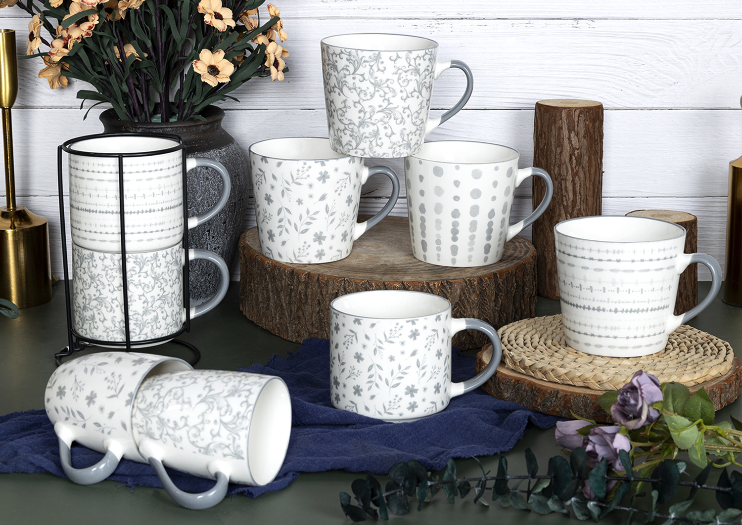 CHANGSHA HAPPY GO  Elegant Gray New Bone China Mug Set with Floral and Minimalist Geometric Decal Patterns  |happygodinnerware.com