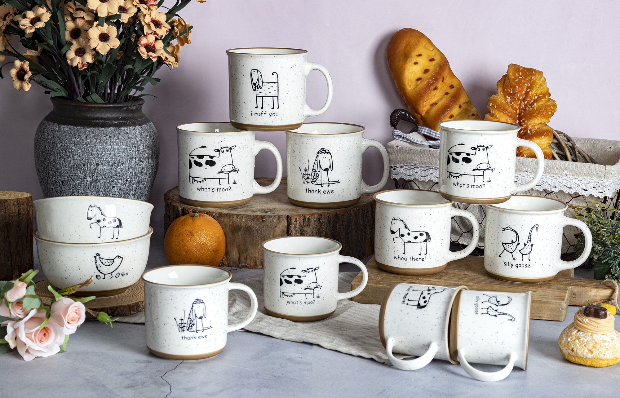 CHANGSHA HAPPY GO  Charming Farm Animal Sketch New Bone China Mug Set with Rustic Speckled Glaze Finish  |happygodinnerware.com