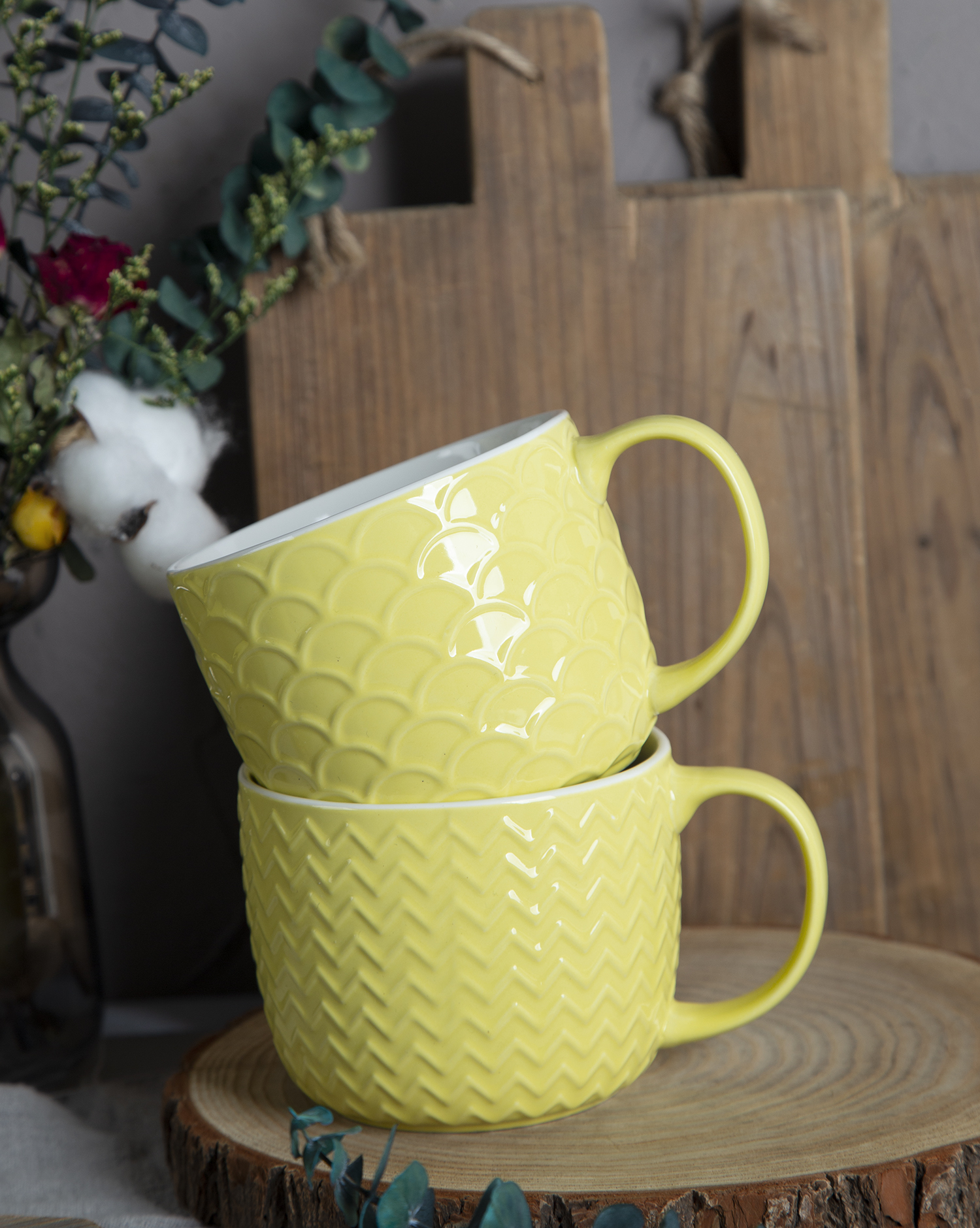 CHANGSHA HAPPY GO Yellow Embossed Bone China Mugs – Color Glaze with 3D Relief Pattern Finish |happygodinnerware.com