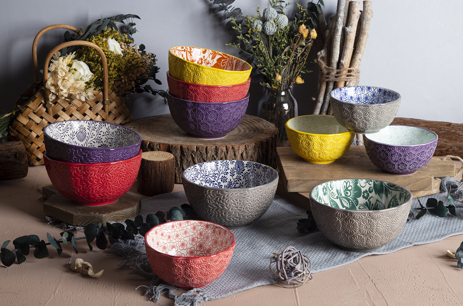 CHANGSHA HAPPY GO Wisteria Embossed Stoneware Bowls with Floral Print | happygodinnerware.com